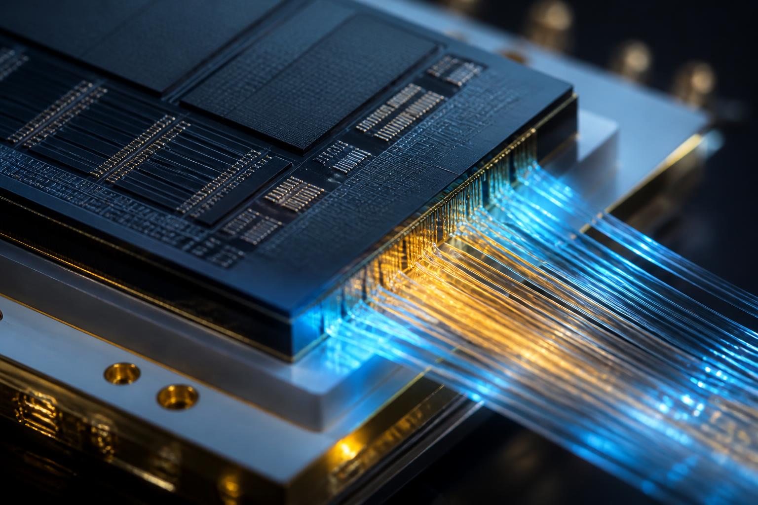Macro view of the FG-200 co-packaged optics module beside an AI processor die, with cyan and amber optical waveguides